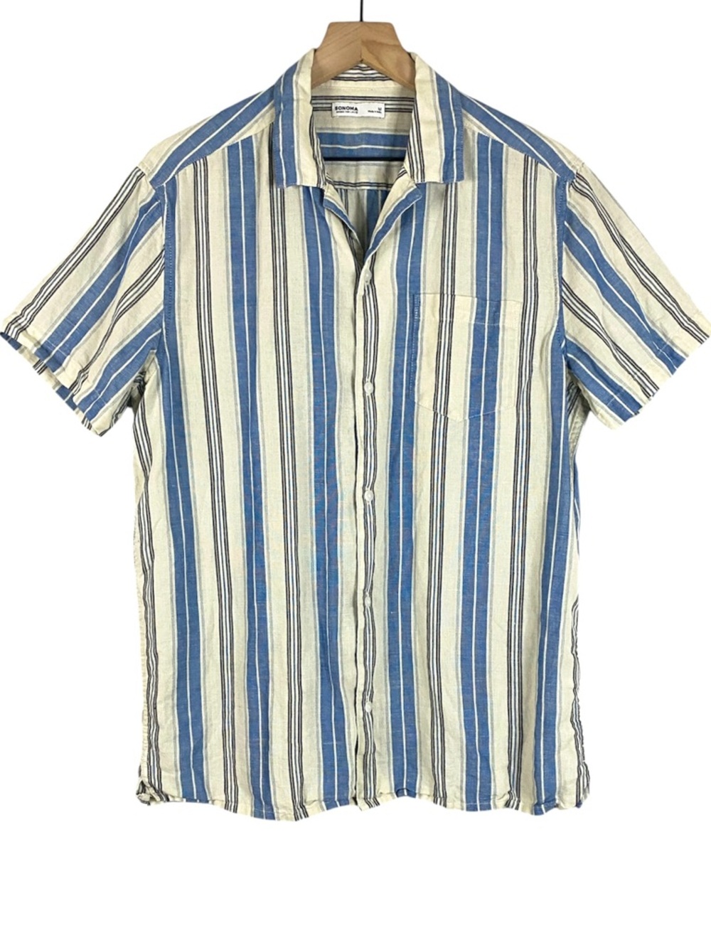 Men's Sonoma Linen Blend Short-Sleeve Camp Shirt Off White & Blue Size Medium